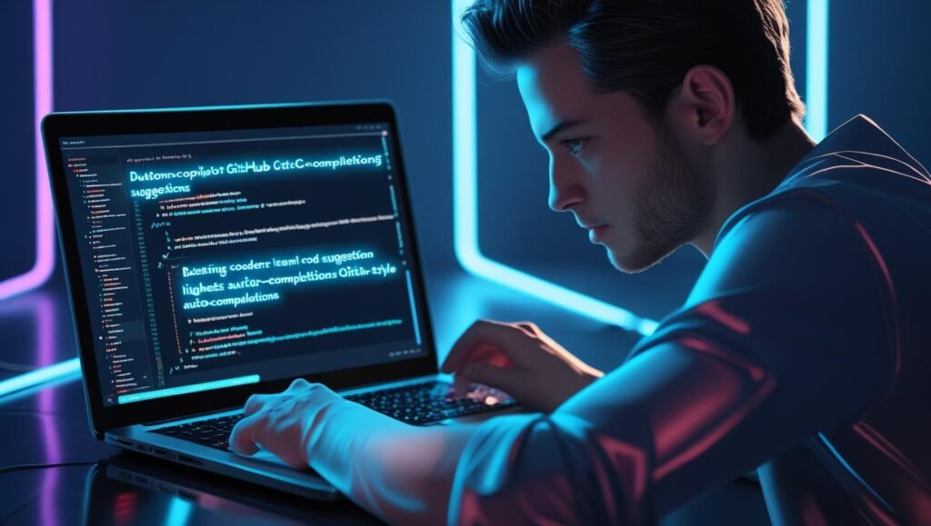 A coder working on a laptop with GitHub Copilot auto-completion suggestions on a dark code editor screen, futuristic tech style
