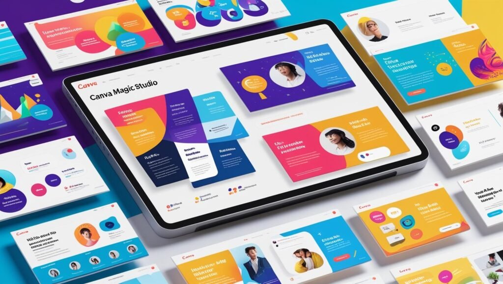 A colorful creative workspace showing Canva Magic Studio interface with AI-generated designs, presentation slides, and social media post templates on screen