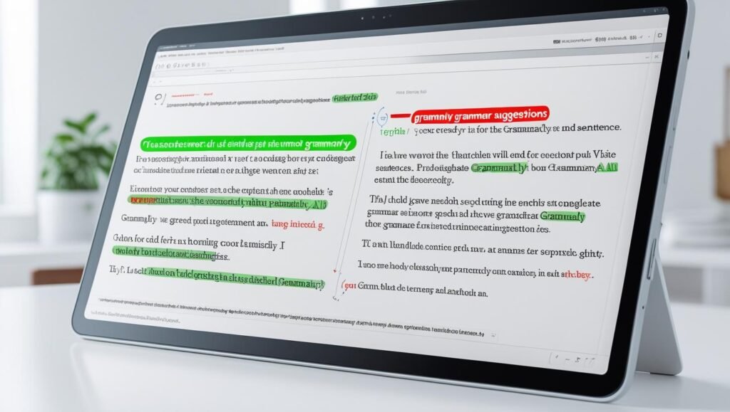 A computer screen with Grammarly AI grammar suggestions highlighted in green and red underlines, clean and professional design