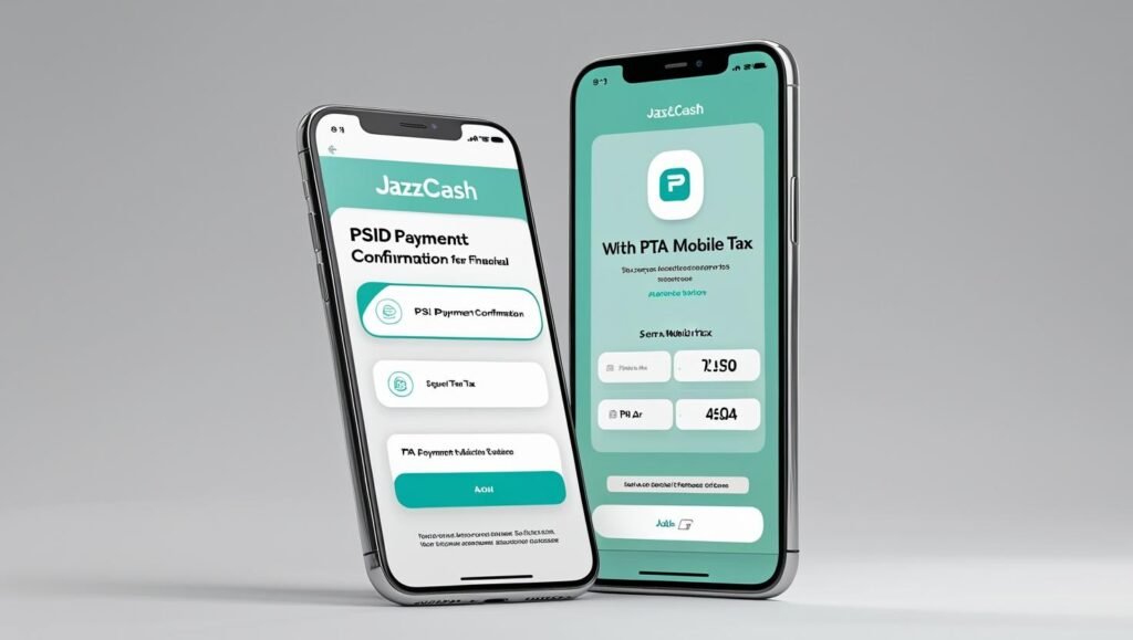 A high-quality 3D illustration showing a smartphone with JazzCash app open, displaying a PSID payment confirmation for PTA mobile tax, modern flat design style, safe and official look