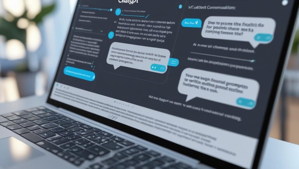 A laptop screen with the ChatGPT interface open, showing an AI chatbot conversation about writing help, realistic UI, clean and professional