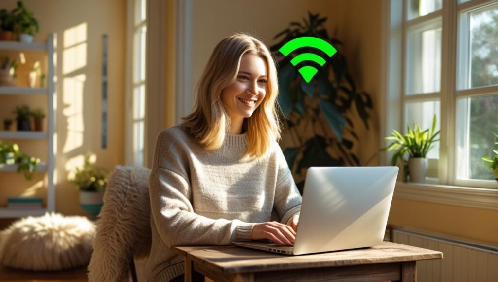 A person with a laptop sitting near a WiFi router, strong signal icon above them, cozy home environment, bright and friendly atmosphere.