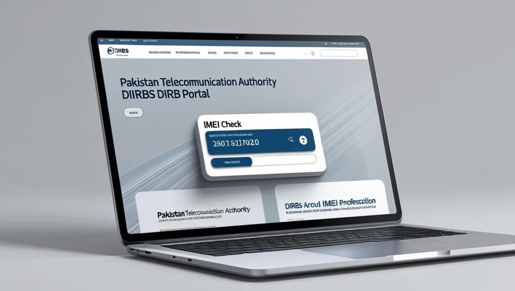 A realistic screenshot-style illustration of the official Pakistan Telecommunication Authority DIRBS portal homepage on a laptop screen, showing IMEI check input box, with clean UI, professional tech blog