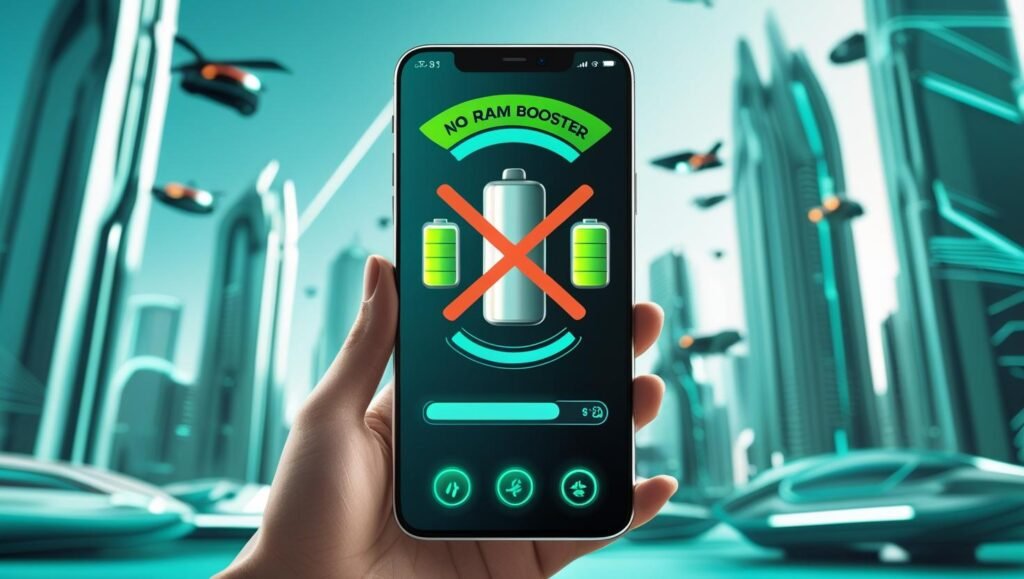 A smartphone with “No RAM Booster” crossed-out icon, battery and speed icons glowing green, clean futuristic tech background.