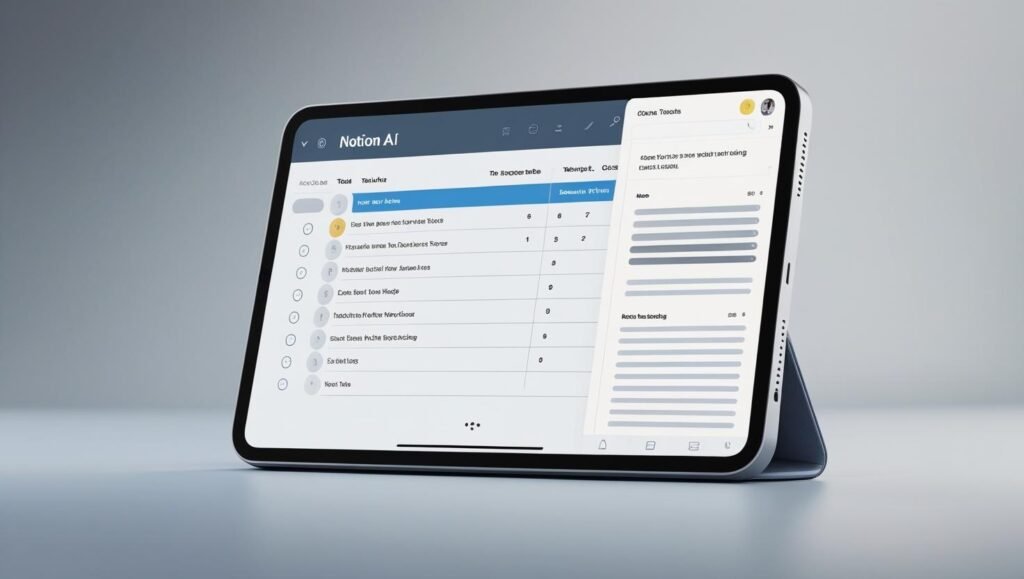 A tablet showing Notion AI interface generating a task list and summarizing notes, minimalist and productivity-focused look
