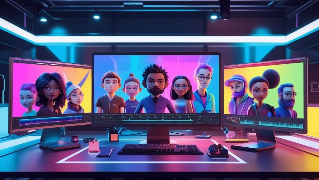AI-generated video editing interface showing animated characters, creative workspace with dual monitors, colorful cinematic lighting, modern desk setup – futuristic and artistic style – 16_9 aspect ratio