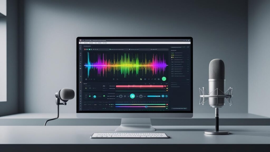 AI-powered podcast editing software open on a sleek desktop screen, audio waveforms displayed, voice enhancement tools highlighted, minimal and clean podcast studio background – photorealistic – 16_9 aspec