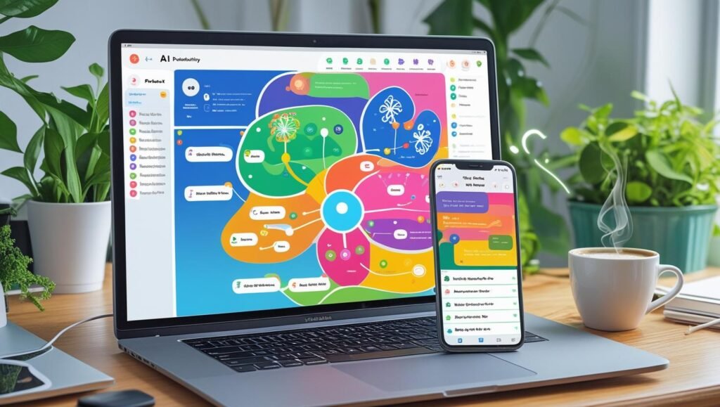 AI productivity and task management app on laptop and smartphone screens, colorful mind map and to-do lists displayed, freelancer workspace with plants and coffee – bright and modern style – 16_9 aspect ra