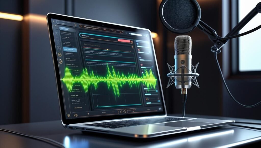 AI text-to-speech software interface on a sleek laptop screen, professional microphone setup, sound wave graphics in neon colors, creative audio studio environment – ultra-detailed, high-quality lighting –
