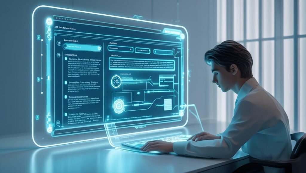 An AI-powered search engine interface on a futuristic holographic screen, student researching academic topics, clean modern workspace, glowing blue UI elements – ultra-realistic, professional tech blog sty