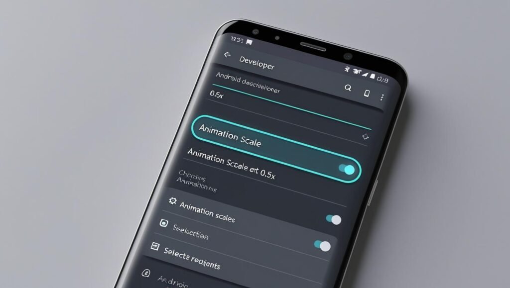 Android developer settings screen with animation scale set to 0.5x, smooth minimalist smartphone UI, futuristic tech vibes.