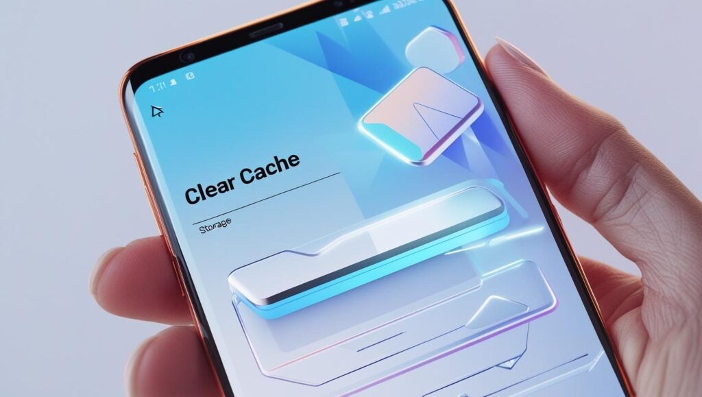 Android phone screen showing “Clear Cache” option, storage cleaning animation with floating junk file icons, minimal clean futuristic UI, tech style.