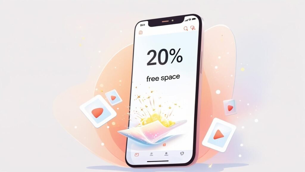Android phone storage screen showing “20% Free Space” with deleted files animation, floating photo_video icons, bright clean design.