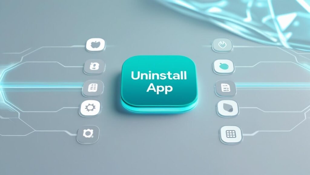 Android settings screen highlighting “Uninstall App” button, app icons fading away, digital hologram effect, clean tech background.