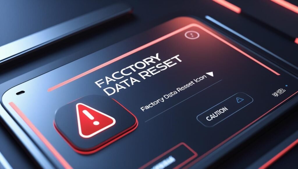 Android settings showing “Factory Data Reset” warning screen, red caution icon, high-detail futuristic UI.