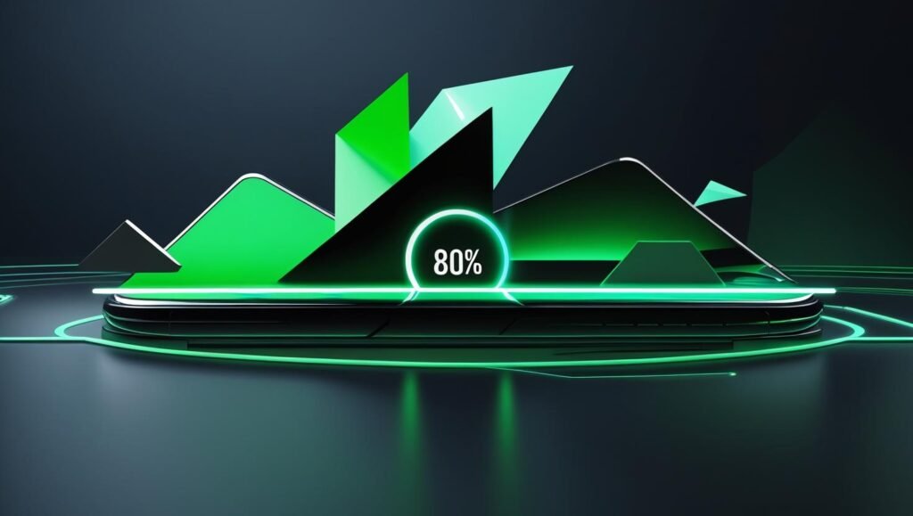 Android system update screen showing progress bar at 80%, futuristic software update animation, green and blue neon tones.