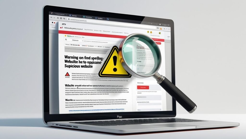 _Browser window showing a suspicious website with spelling errors, warning symbol overlay, magnifying glass on HTTPS URL bar, clean and modern design – realistic illustration_