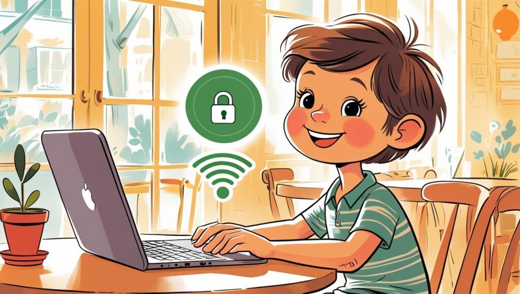 Cartoon-style illustration of a person connecting to Wi-Fi in a café, with a lock icon indicating secure connection, friendly and simple design.