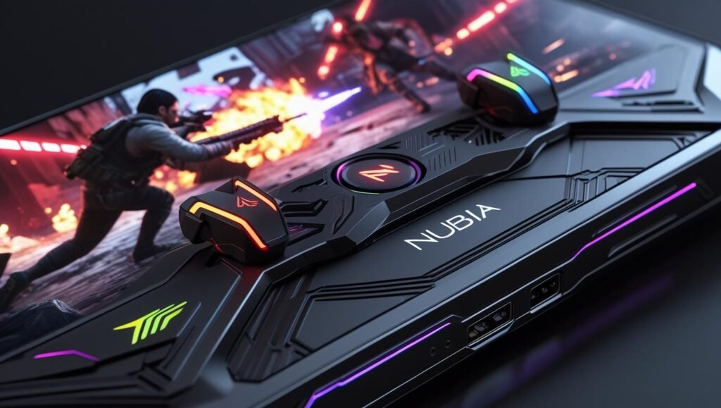 Close-up of Nubia RedMagic 9 Pro gaming smartphone with visible built-in cooling fan, illuminated gaming triggers, and high-refresh AMOLED screen showing an action-packed FPS game – high detail, neon light