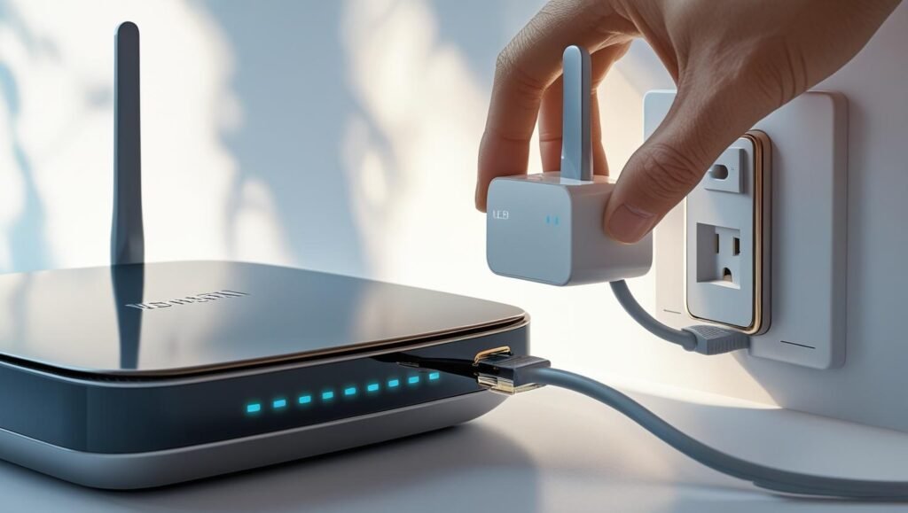 Close-up photo of a modern WiFi router and modem being unplugged from a power socket, soft lighting, realistic details, clean background.