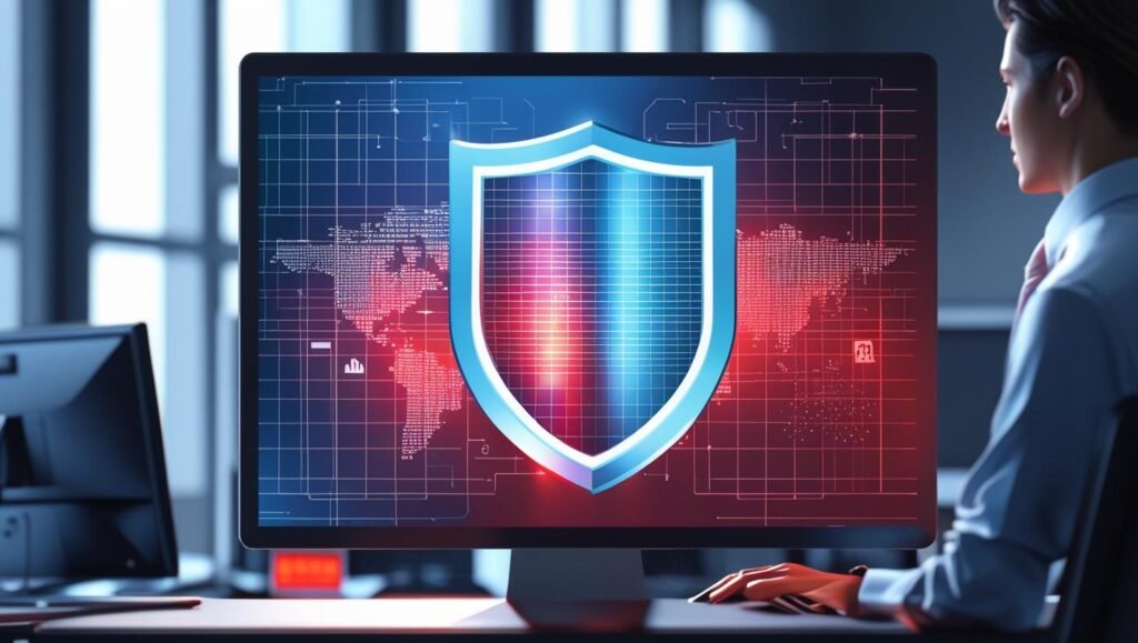 _Computer screen with digital firewall shield graphic, glowing network grid background, professional office environment, blue and red security glow – realistic style_
