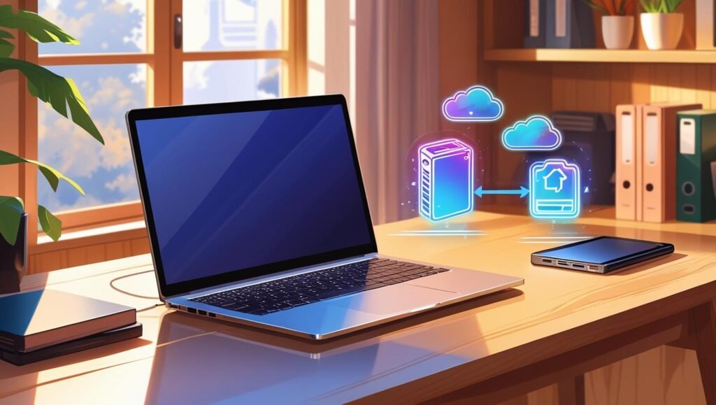 _External hard drive and cloud backup icons beside a laptop, data transfer animation concept, organized home office setting, warm lighting – professional illustration_