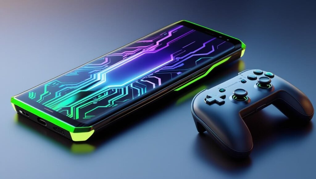 Gaming-style smartphone with green RGB accents, bold and dynamic design, display glowing with colorful geometric patterns, placed beside a generic wireless controller, high detail, realistic textures.