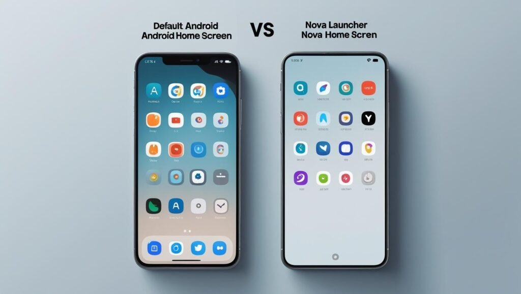 Home screen comparison between default launcher and Nova Launcher, clean minimal app icons, smooth and fast animation effect.