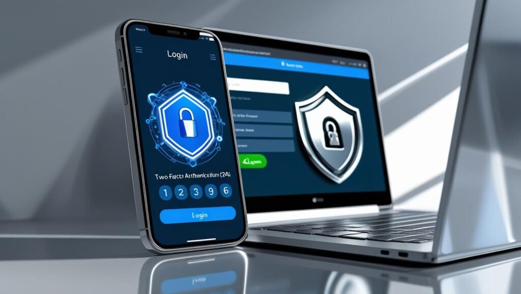 Illustration of a smartphone showing a 2FA code screen, next to a laptop login page with a security shield icon, modern and professional style.