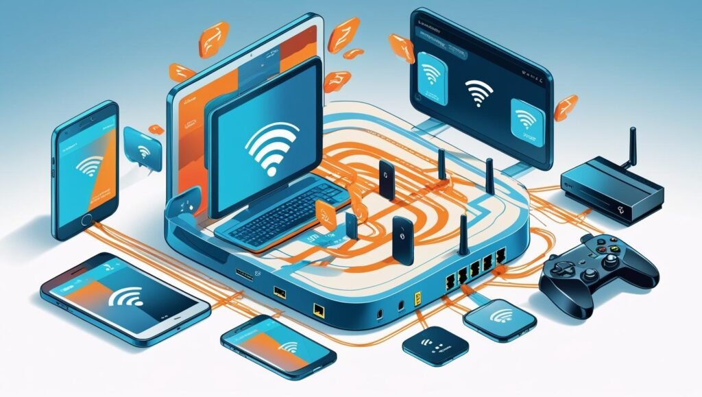 Illustration showing multiple devices (smartphones, tablets, smart TVs, gaming consoles) all connected to a single WiFi network, network congestion concept.