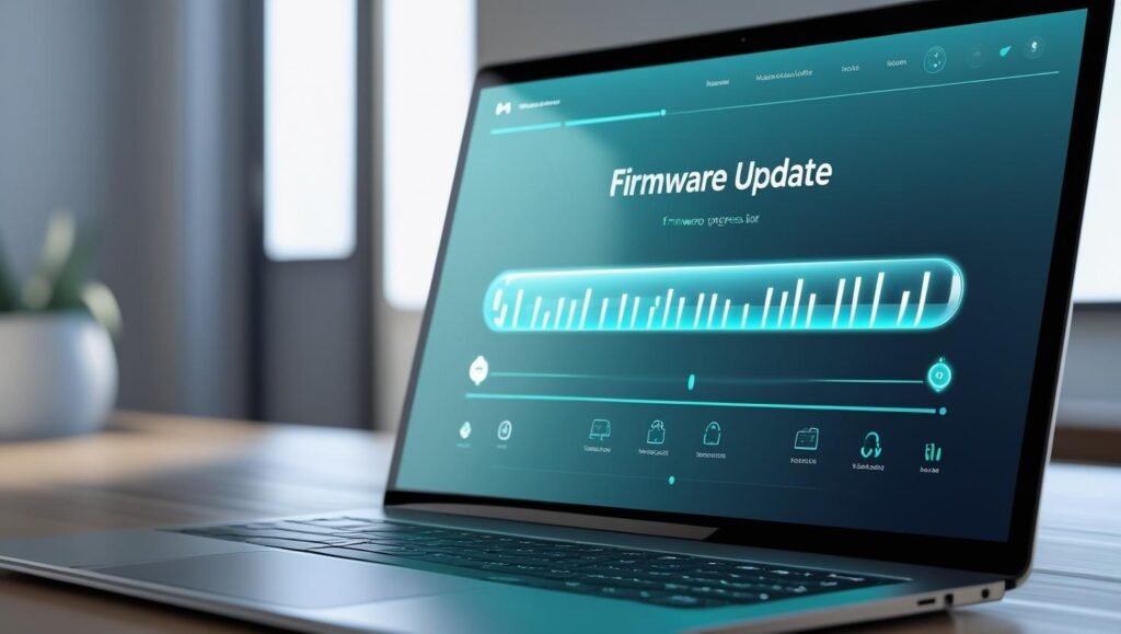 Laptop screen showing router admin panel with “Firmware Update” progress bar, futuristic tech interface, clean and modern look.