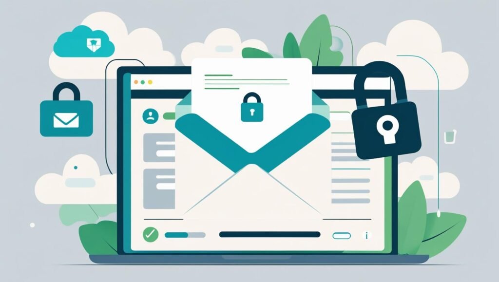 Minimal illustration of an email inbox with a wFlat-style illustration of a cloud storage icon, folder upload symbol, and secure lock graphic, tech-friendly colors.__arning sign on a suspicious message, cl