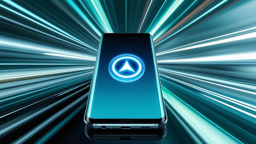 Modern Android phone being restarted, glowing restart icon on screen, digital background with fast motion blur effect, ultra-clear realistic style.
