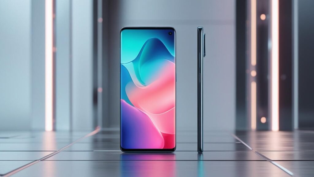 Modern flagship smartphone with ultra-thin bezels, vibrant AMOLED screen showing abstract neon gradient design, futuristic cooling concept art in soft focus background, professional high-resolution product