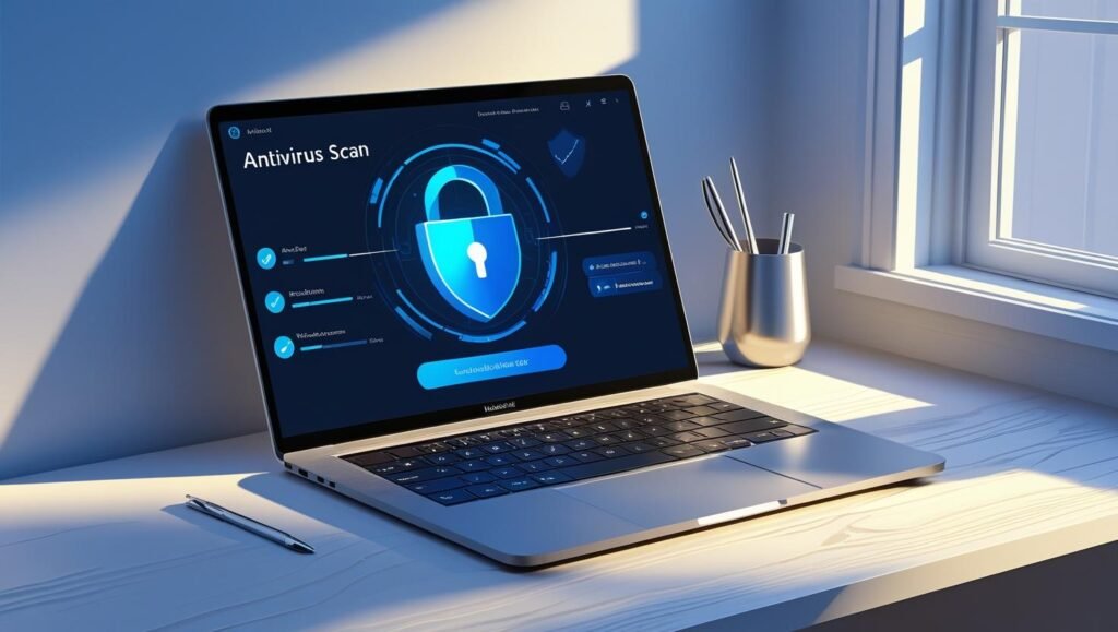 _Modern laptop screen showing antivirus scan in progress, clean minimalist desk setup, soft natural lighting, blue cyber protection theme, secure lock icon overlay – realistic style_