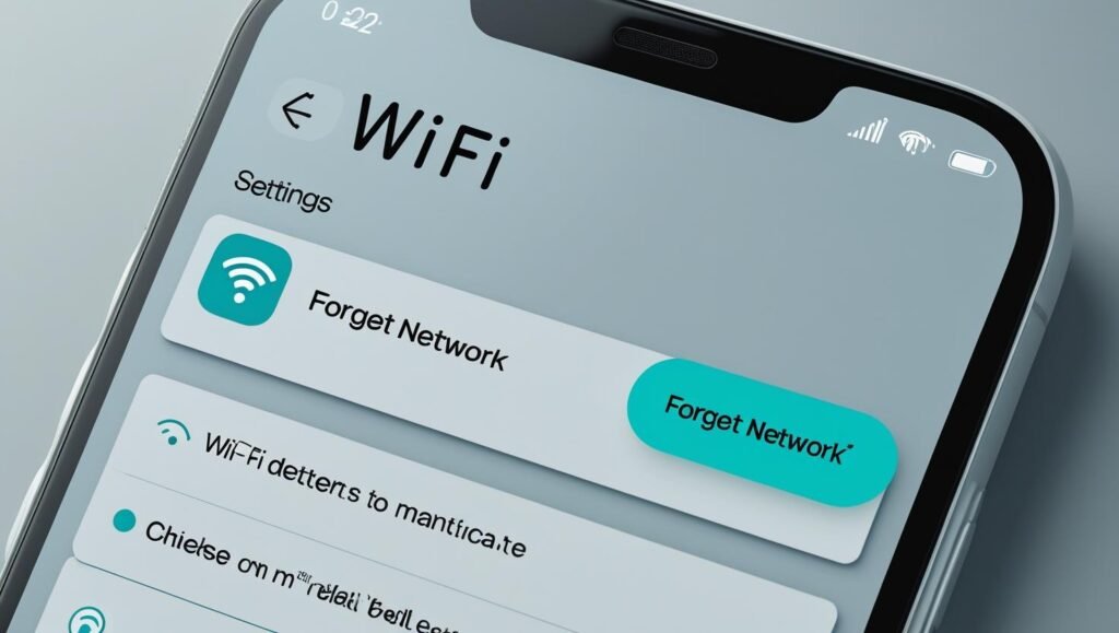 Screenshot-style concept of a smartphone WiFi settings page with “Forget Network” highlighted, modern flat UI design, 2025 theme.