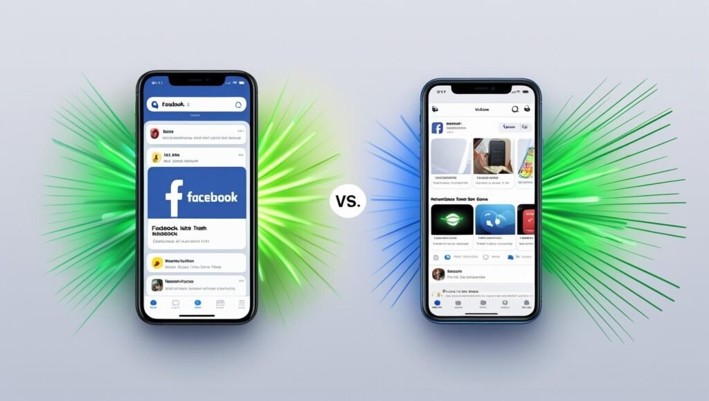 Side-by-side comparison of Facebook Lite vs full app, with the lite app looking faster and lighter, glowing green speed lines, modern mobile UI.