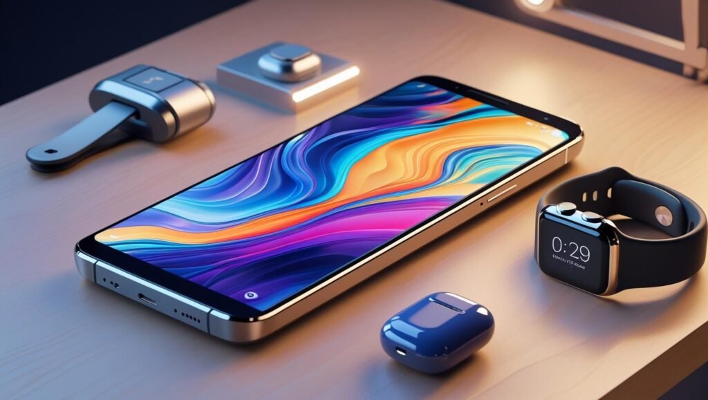 Gaming-style smartphone with green RGB accents, bold and dynamic design, display glowing with colorful geometric patterns, placed beside a generic wireless controller, high detail, realistic textures.

