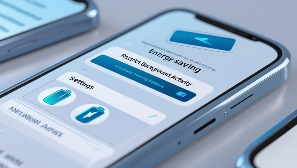 Smartphone battery settings showing “Restrict Background Activity” option, energy-saving icons, clean futuristic interface.