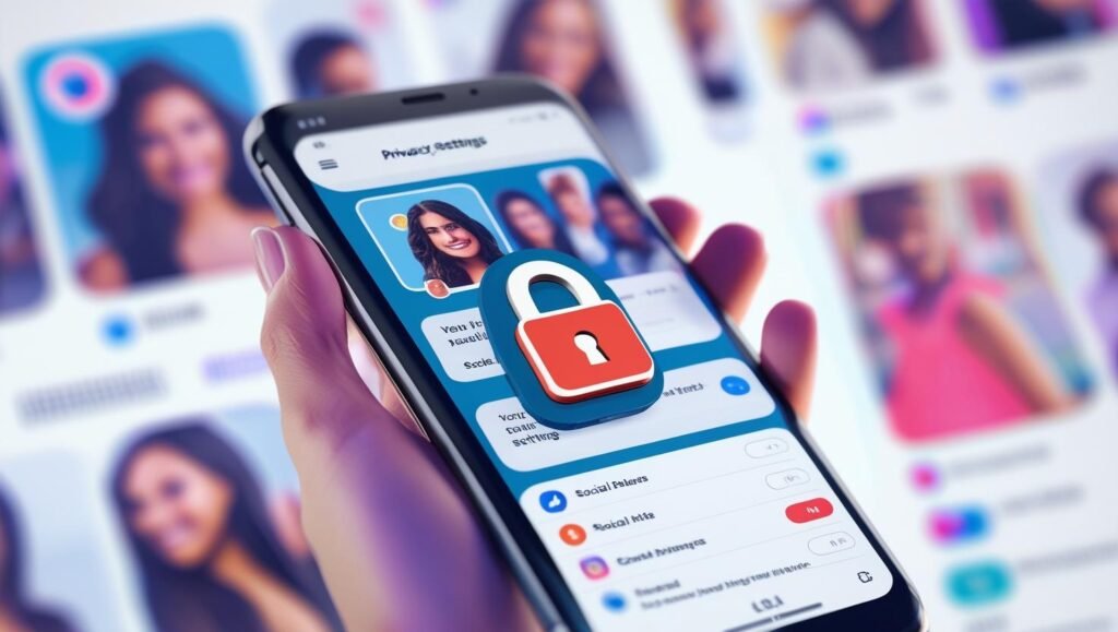 _Smartphone displaying social media privacy settings, blurred personal posts in background, padlock icon overlay, bright and clean aesthetic – high-resolution realistic render_