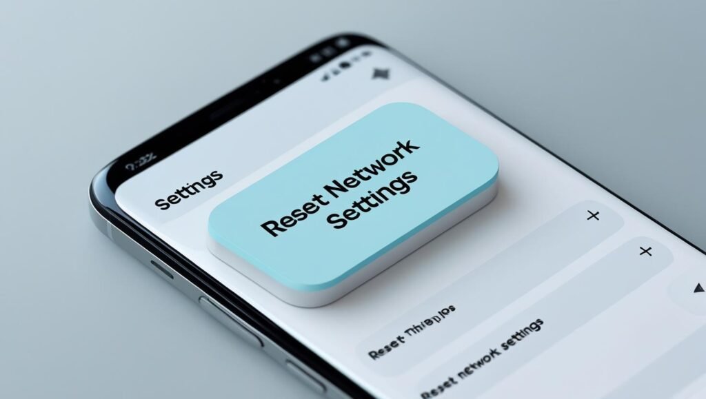 Smartphone settings screen with “Reset Network Settings” option highlighted, minimal clean UI, soft colors.