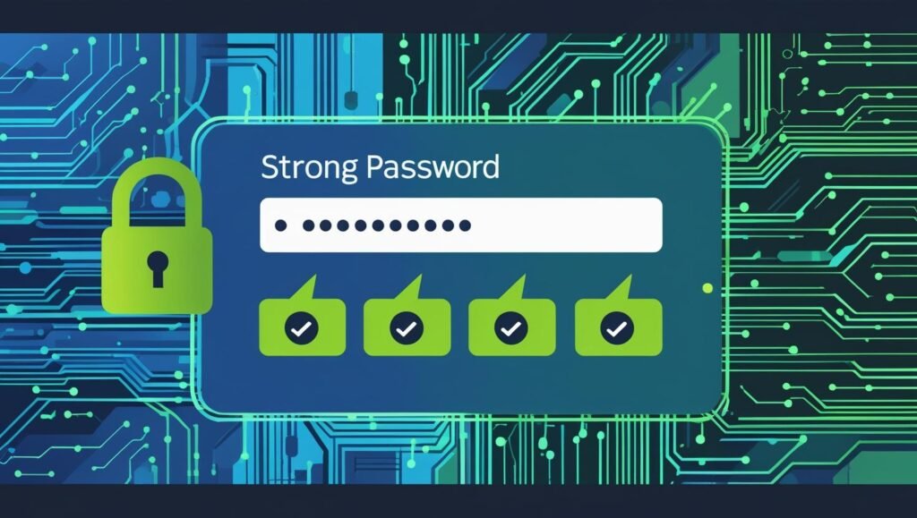 Vector illustration of a secure login screen with a strong password indicated by green check marks, lock icon, and abstract circuit background, clean and minimal design.