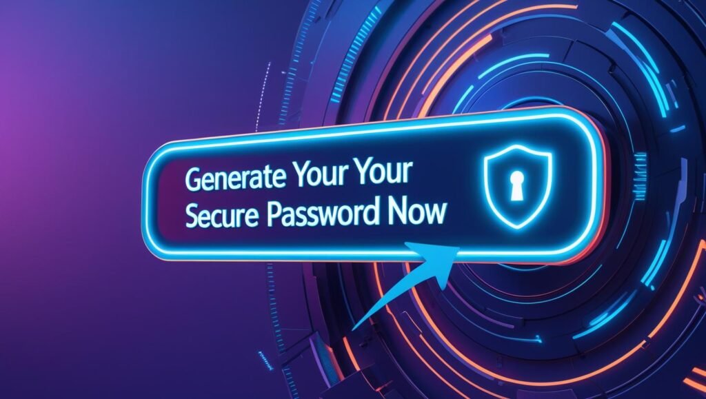 A bright modern call-to-action banner with a big glowing button that says “Generate Your Secure Password Now” and an arrow pointing to it, tech security background, neon blue theme, 16_9 aspect ratio