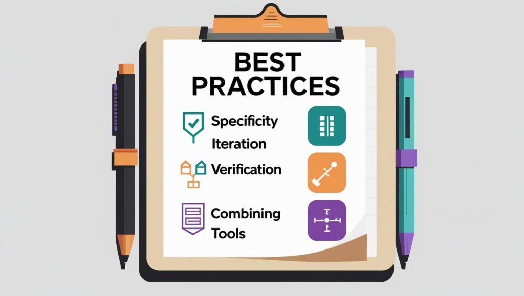 A checklist on a clipboard titled “Best Practices” with icons for specificity, iteration, verification, and combining tools — flat vector style.