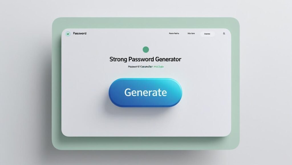 A clean and modern website interface screenshot mockup showing a strong password generator tool with a big _Generate_ button, minimalist UI design, light mode, professional tech style, 16_9 aspect ratio