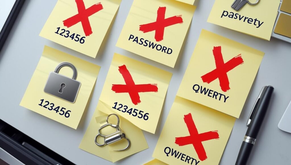 A desk with sticky notes showing weak passwords like _123456_, _password_, and _qwerty_, big red cross marks over them, cyber security awareness style, bright and clear, flat lay top view, realistic photog