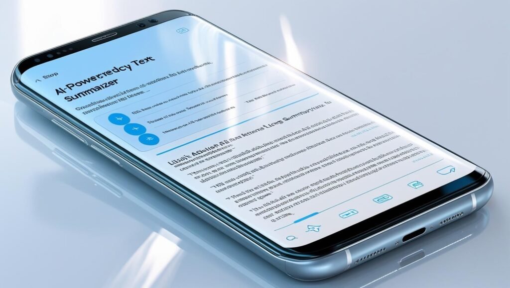 A modern Android smartphone screen displaying an AI-powered text summarizer interface, summarizing a long article into bullet points, futuristic UI, minimalistic design, bright and clean colors, 2025 techn