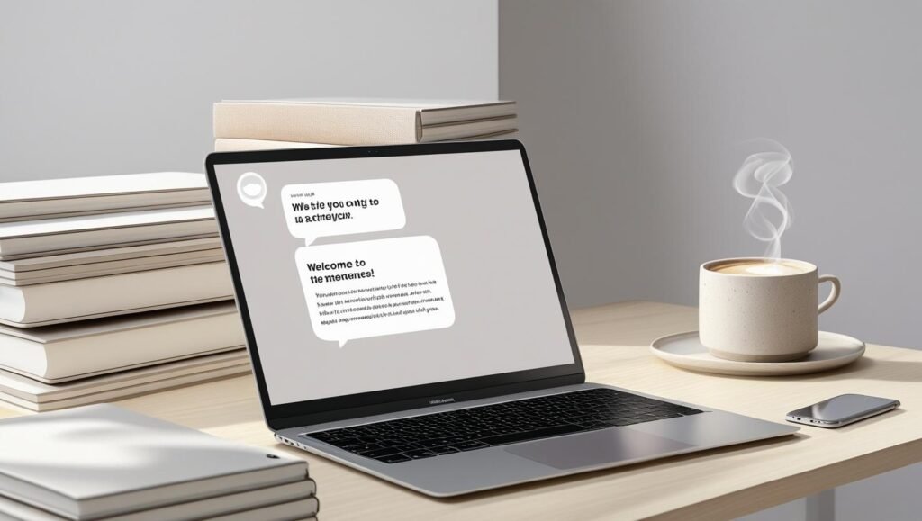 A modern workspace with a laptop open to an AI chat interface, surrounded by notebooks, coffee cup, and smartphone — bright, clean, and minimal design, realistic style.