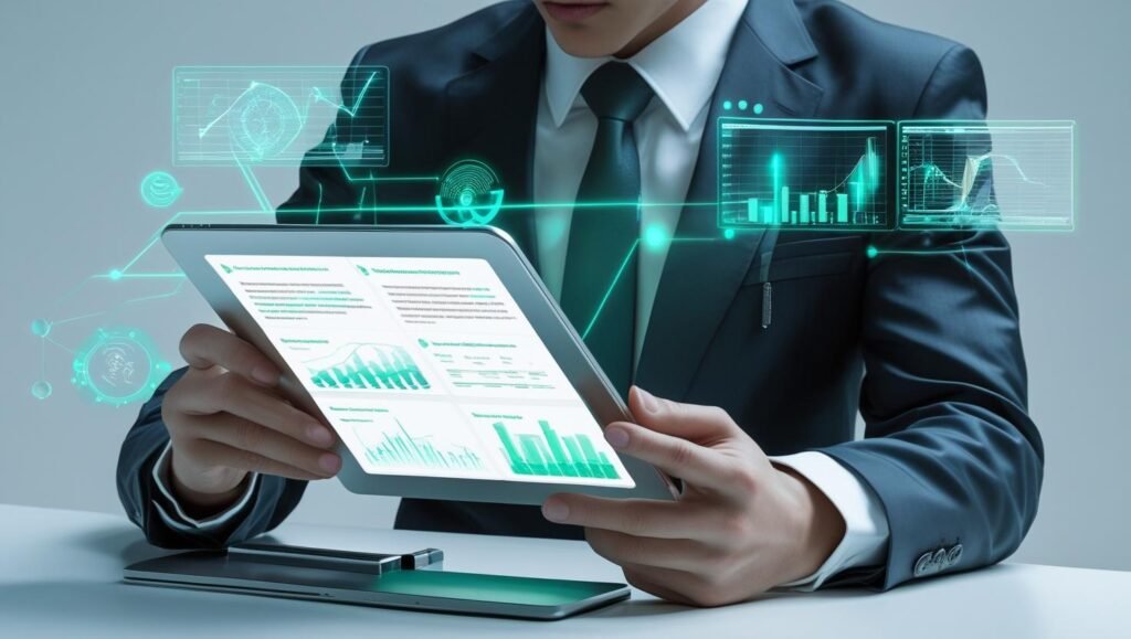 A person reading research papers on a tablet with AI-generated charts and graphs floating around — futuristic but professional look.