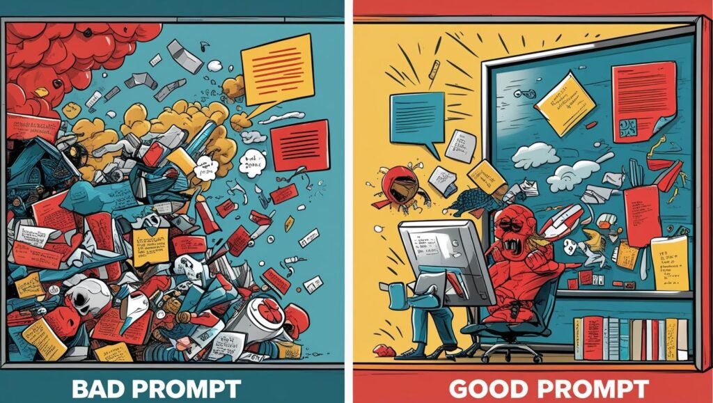 A split-screen graphic showing “Bad Prompt” vs “Good Prompt” examples in a creative visual style, colorful and easy to understand.
